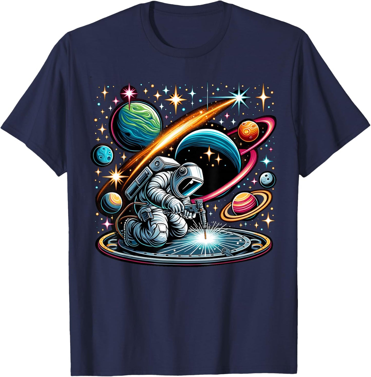 Welder Astronaut Welding metal pieces together T-Shirt - T-Shirt | Navy