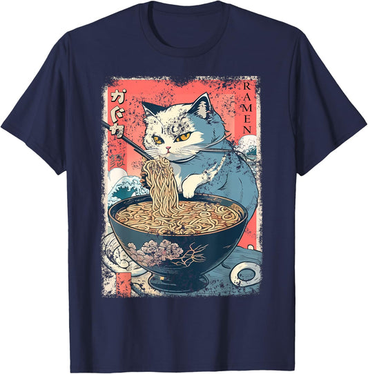 Cat Anime Japanese Ramen Noodle Kawaii For Cat Dad, Cat Mom T-Shirt - T-Shirt | Navy