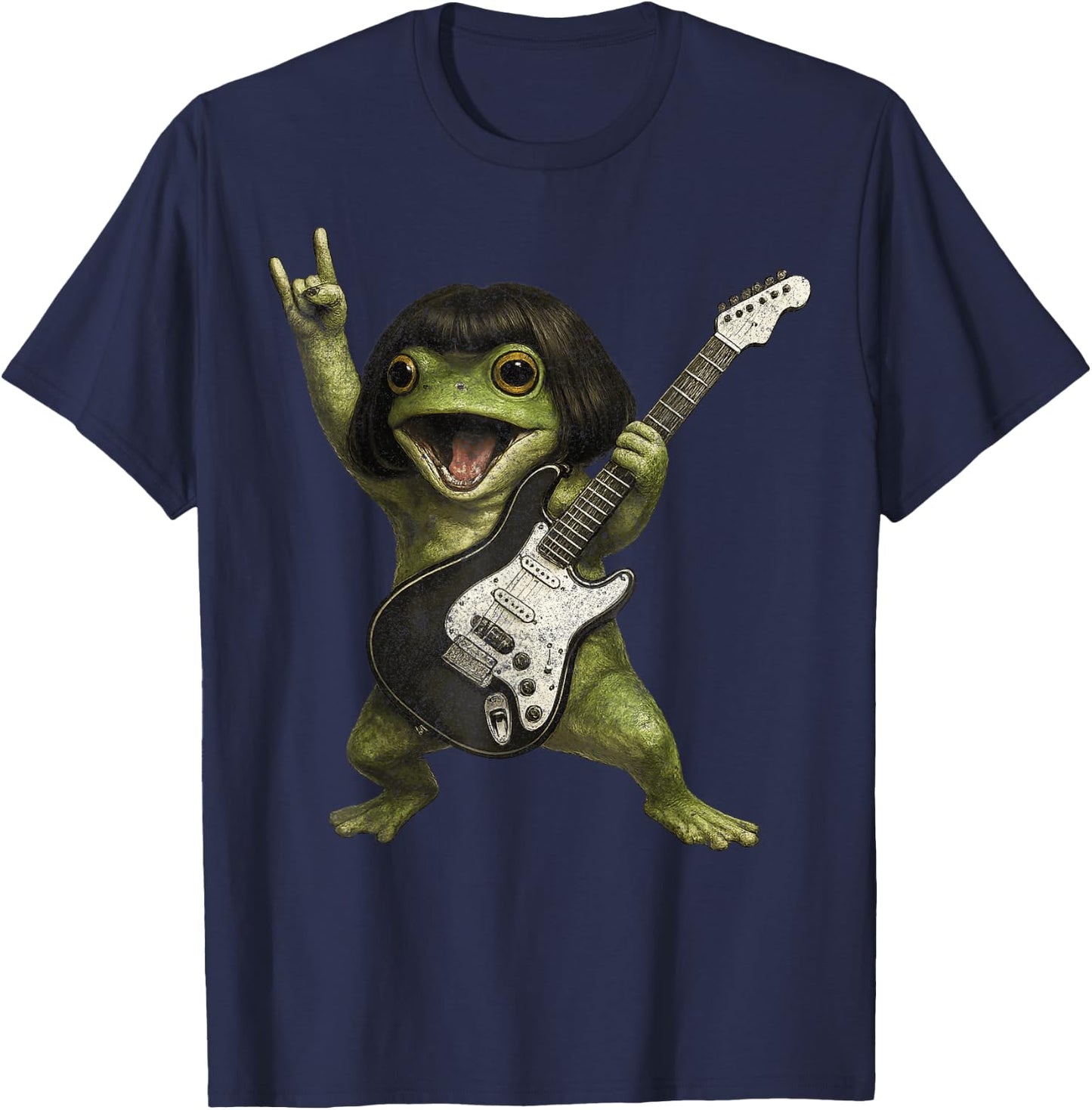 Funny Bob Haircut Frog Playing Guitar Rock and Roll Meme T-Shirt - T-Shirt | Navy
