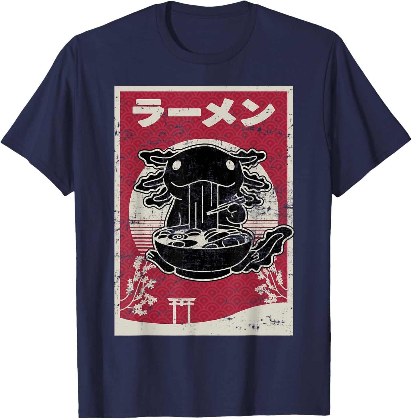 Kawaii Axolotl Ramen Japanese Woodblock Art Anime Boys Teens T-Shirt - T-Shirt | Navy