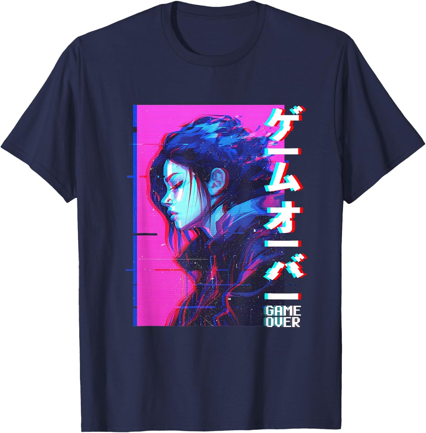 Sad Japanese Anime Girl Game Over Vaporwave Aesthetic T-Shirt - T-Shirt | Navy