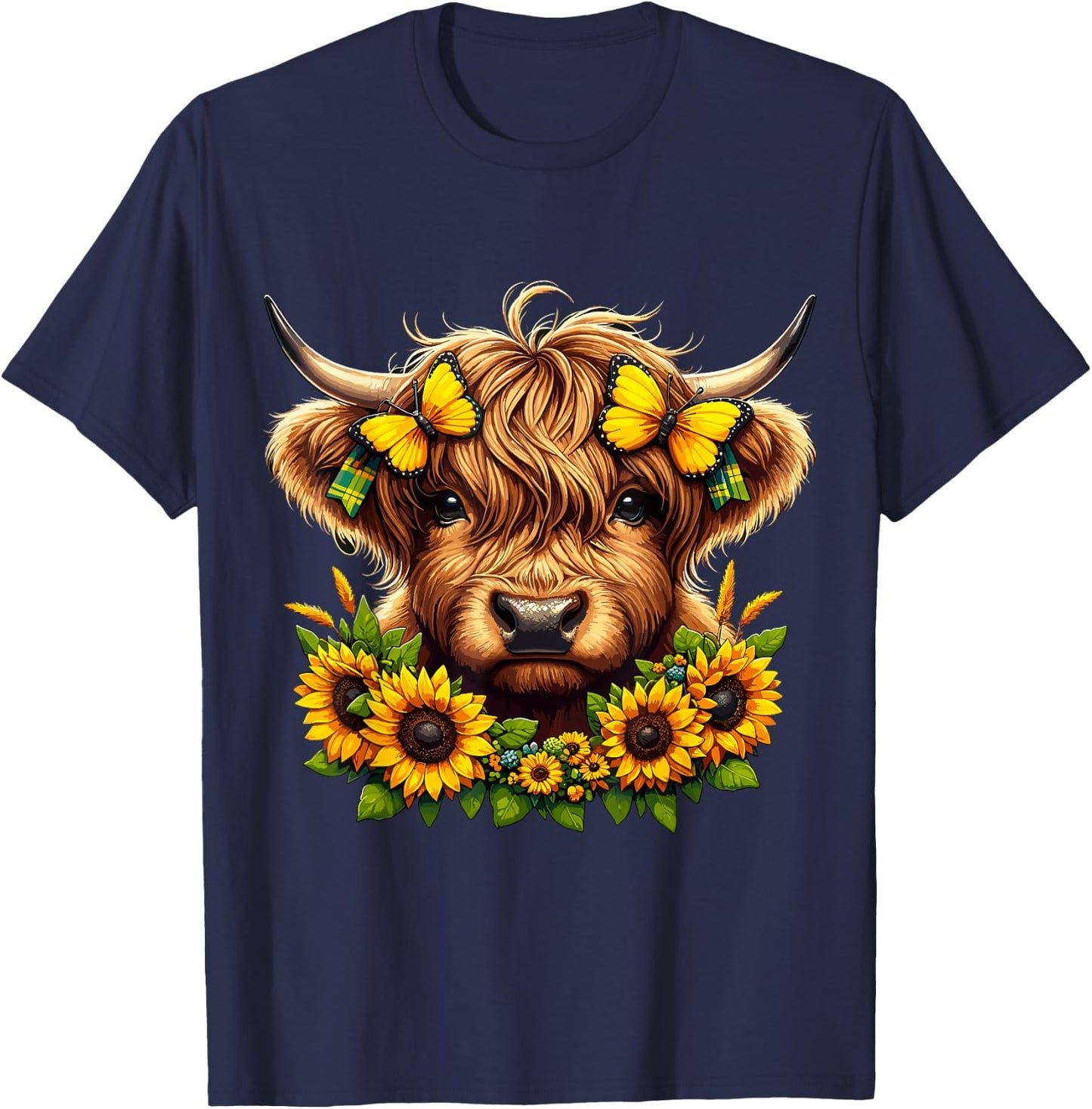 Highland Cow Sunflowers and Butterflies Highland Cattle T-Shirt - T-Shirt | Navy
