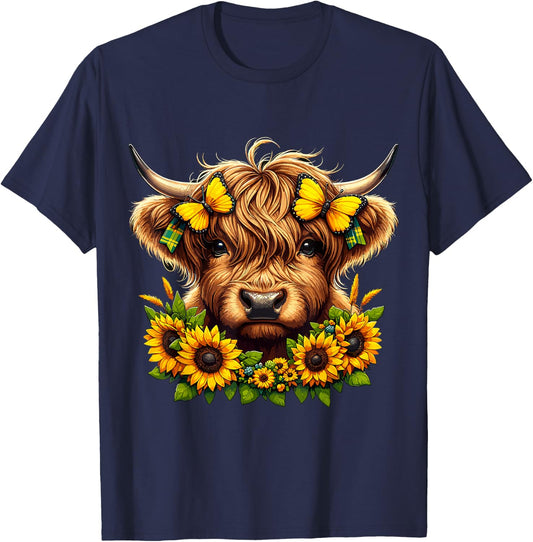 Highland Cow Sunflowers and Butterflies Highland Cattle T-Shirt - T-Shirt | Navy