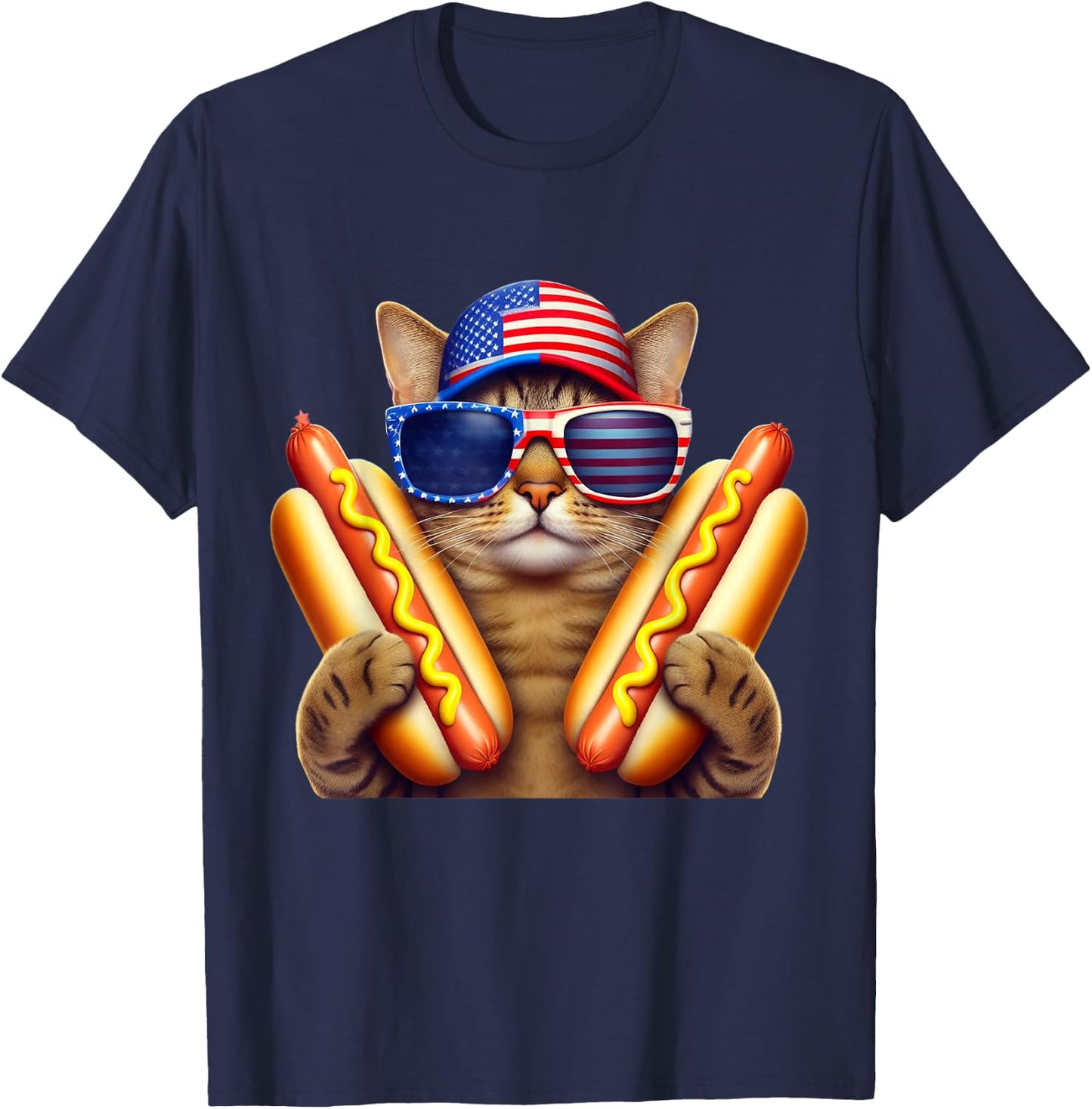 4th of July Hotdog Cat Funny Patriotic Cat USA Flag Wiener T-Shirt - T-Shirt | Navy