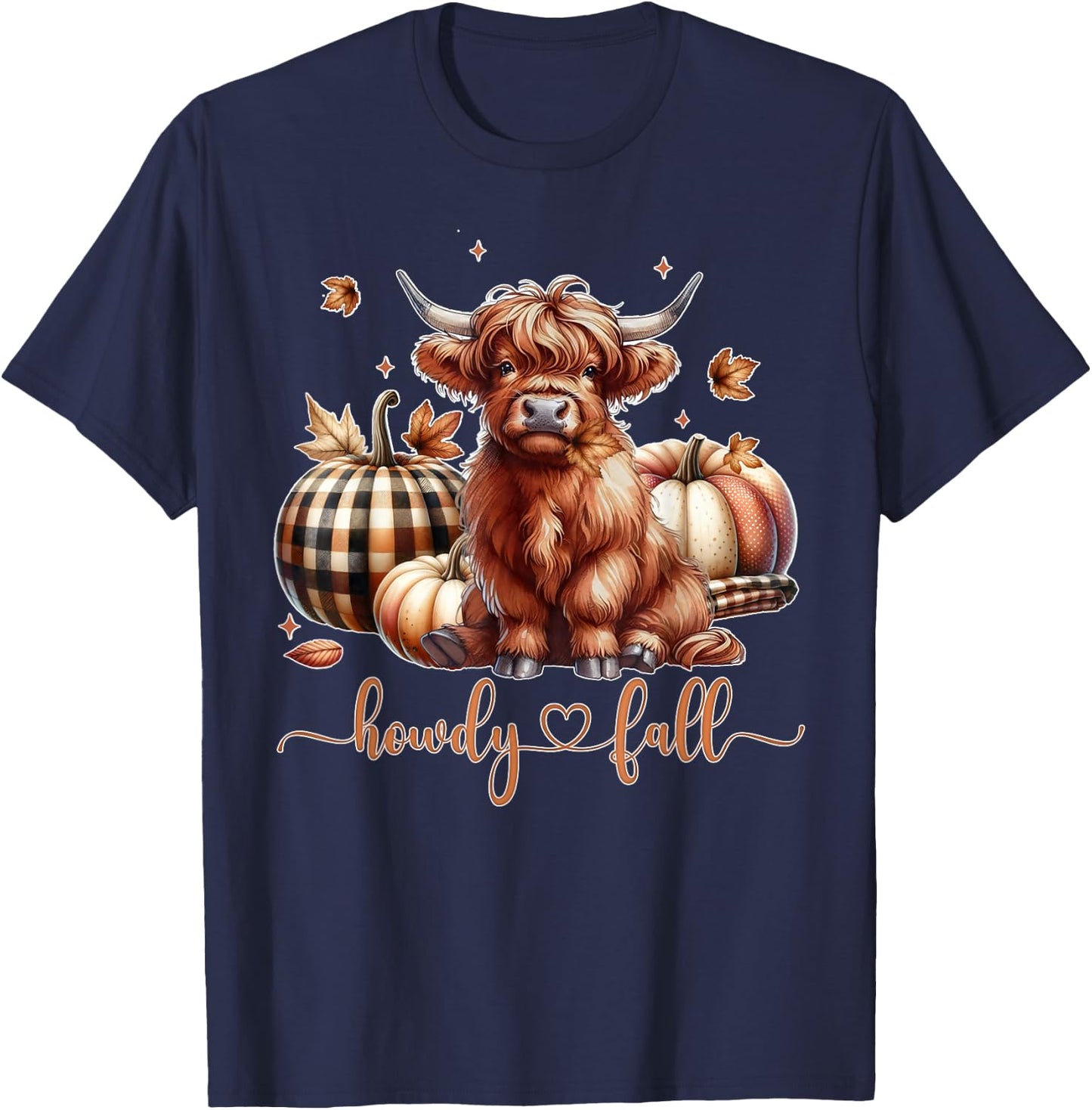 Howdy Fall Western Farm Country Highland Cow Autumn Pumpkin T-Shirt - T-Shirt | Navy