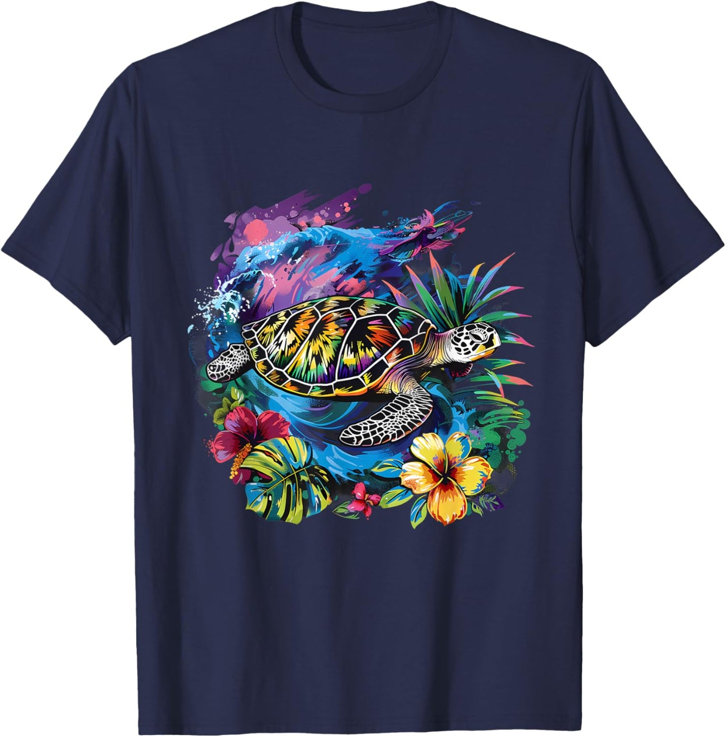 Sea Turtle Floral Artwork Marine Mammal Sea Ocean Animal T-Shirt - T-Shirt | Navy