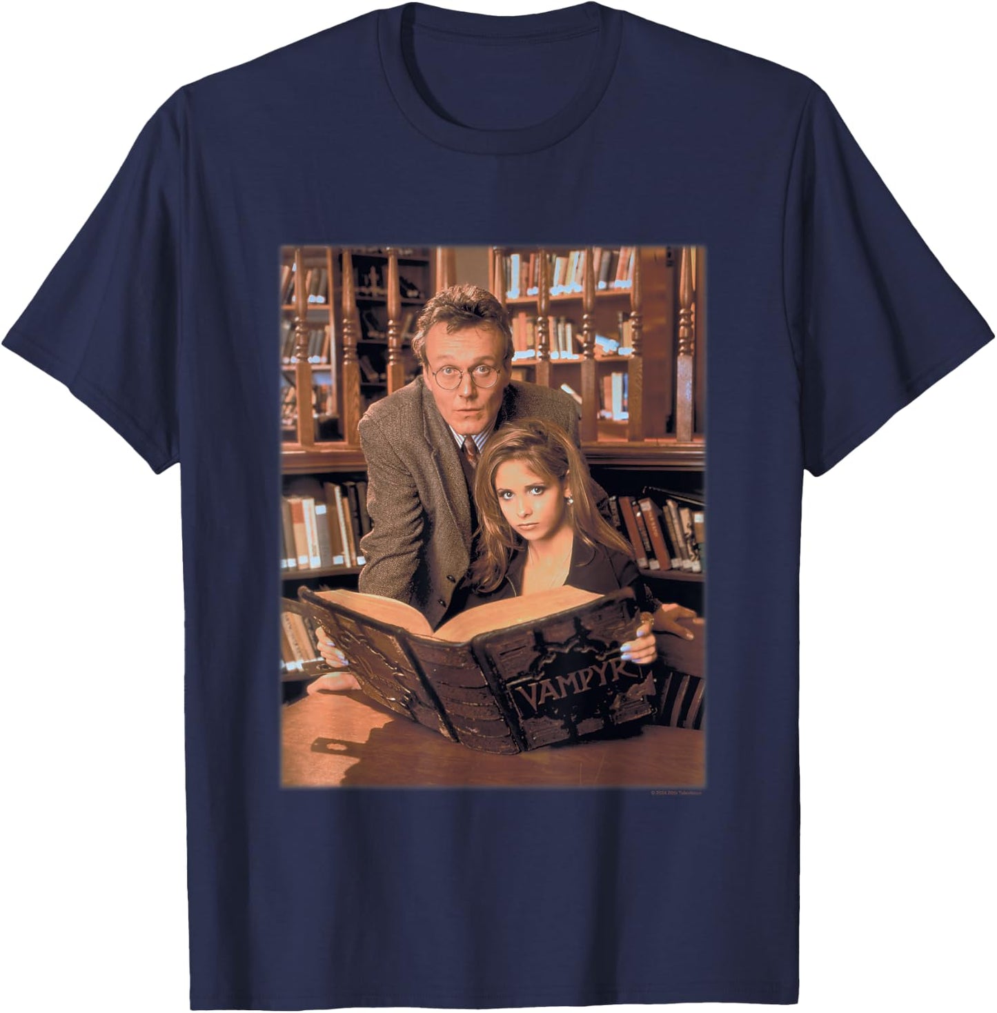 Buffy The Vampire Slayer Buffy & Giles In The Library Retro T-Shirt - T-Shirt | Navy
