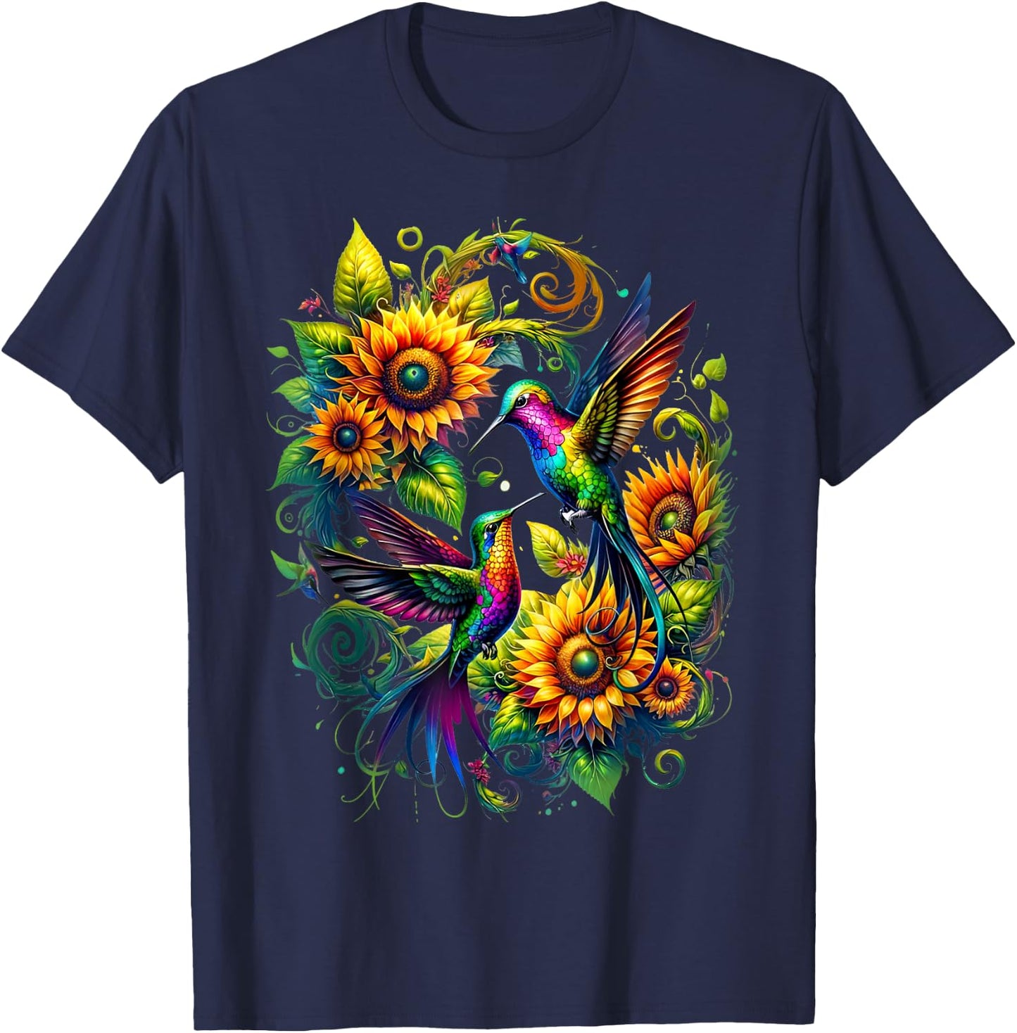 Colorful Hummingbird Sunflower Birds Watching Art Women Men T-Shirt - T-Shirt | Navy