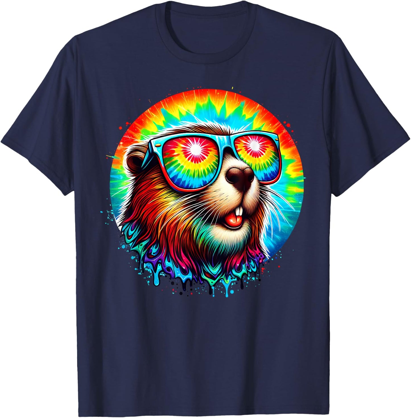 Cool Tie Dye Sunglasses Beaver Illustration Graphic Art T-Shirt - T-Shirt | Navy