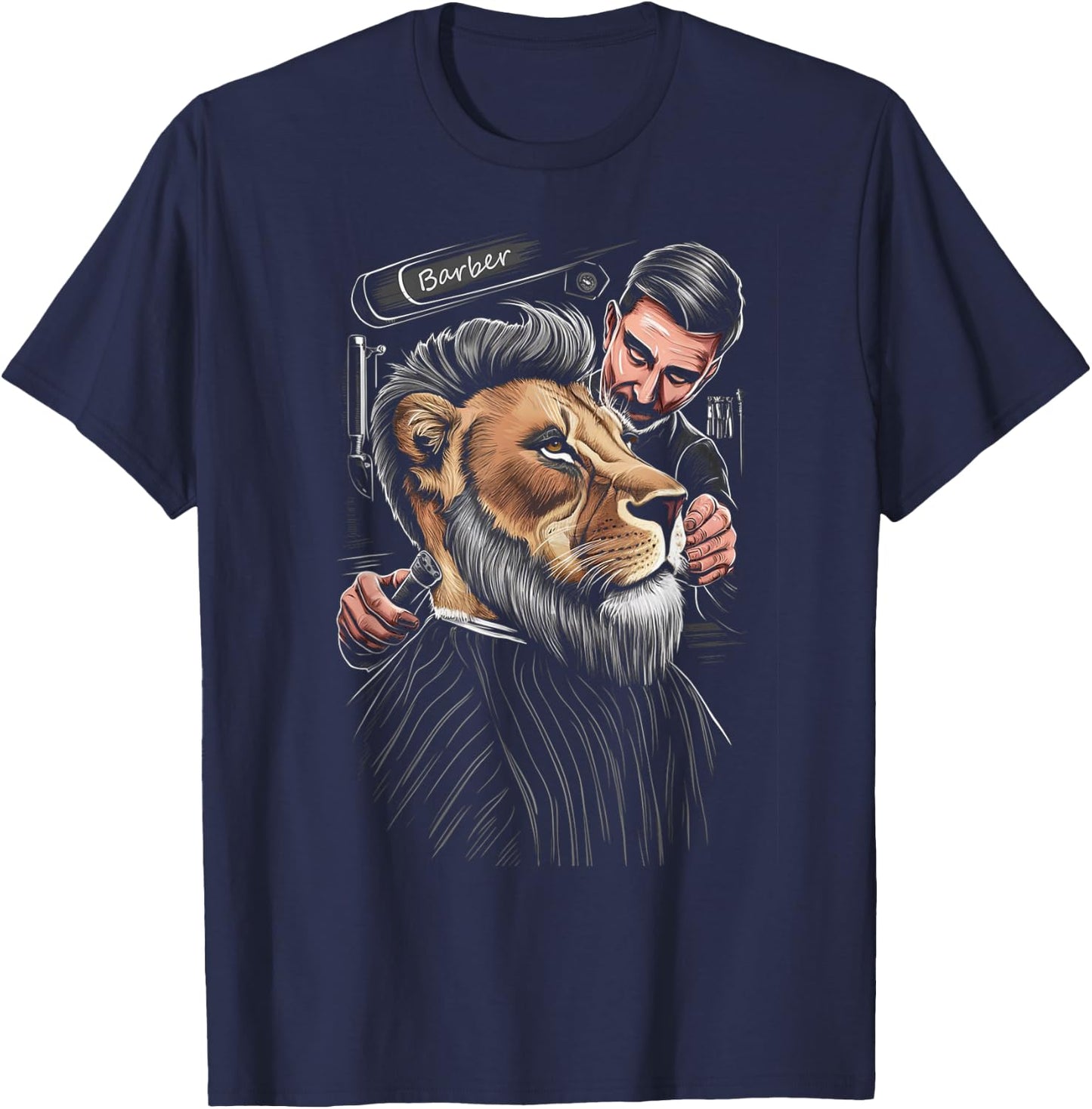 Cool-Looking Lion in a Barber Shop, Having a Haircut Funny T-Shirt - T-Shirt | Navy