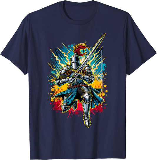 Medieval Knight Armor Sword Helmet Ren Faire Boys Graphic T-Shirt - T-Shirt | Navy