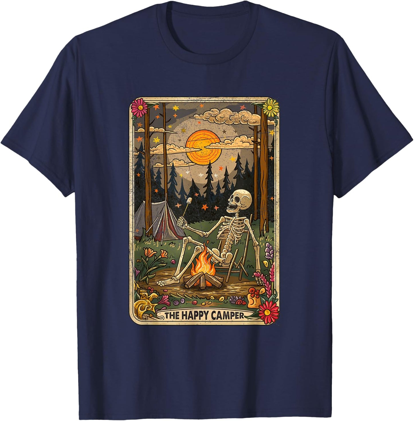 The Happy Camper Cute Skeleton Marshmallow Mystic Tarot Card T-Shirt - T-Shirt | Navy