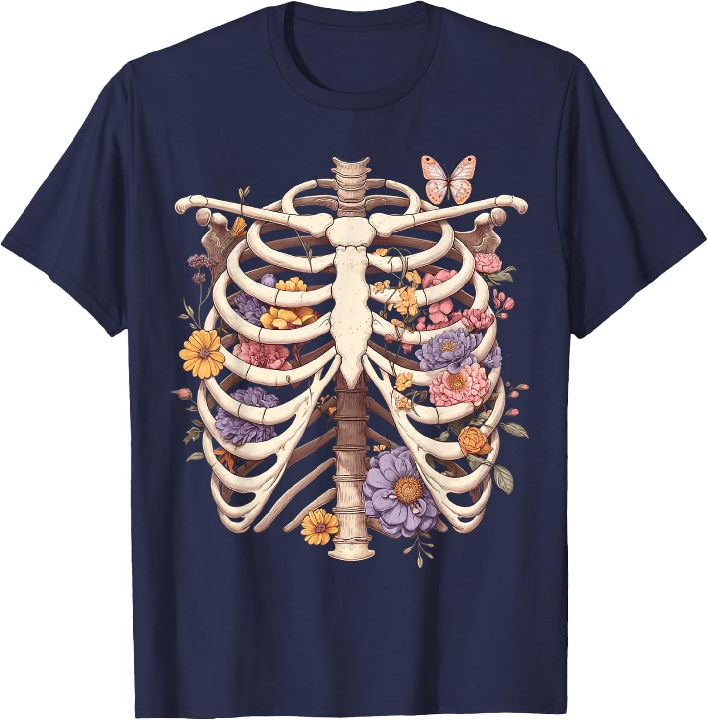 Goth Heart Ribcage with Butterflies and Flowers Skeleton T-Shirt - T-Shirt | Navy