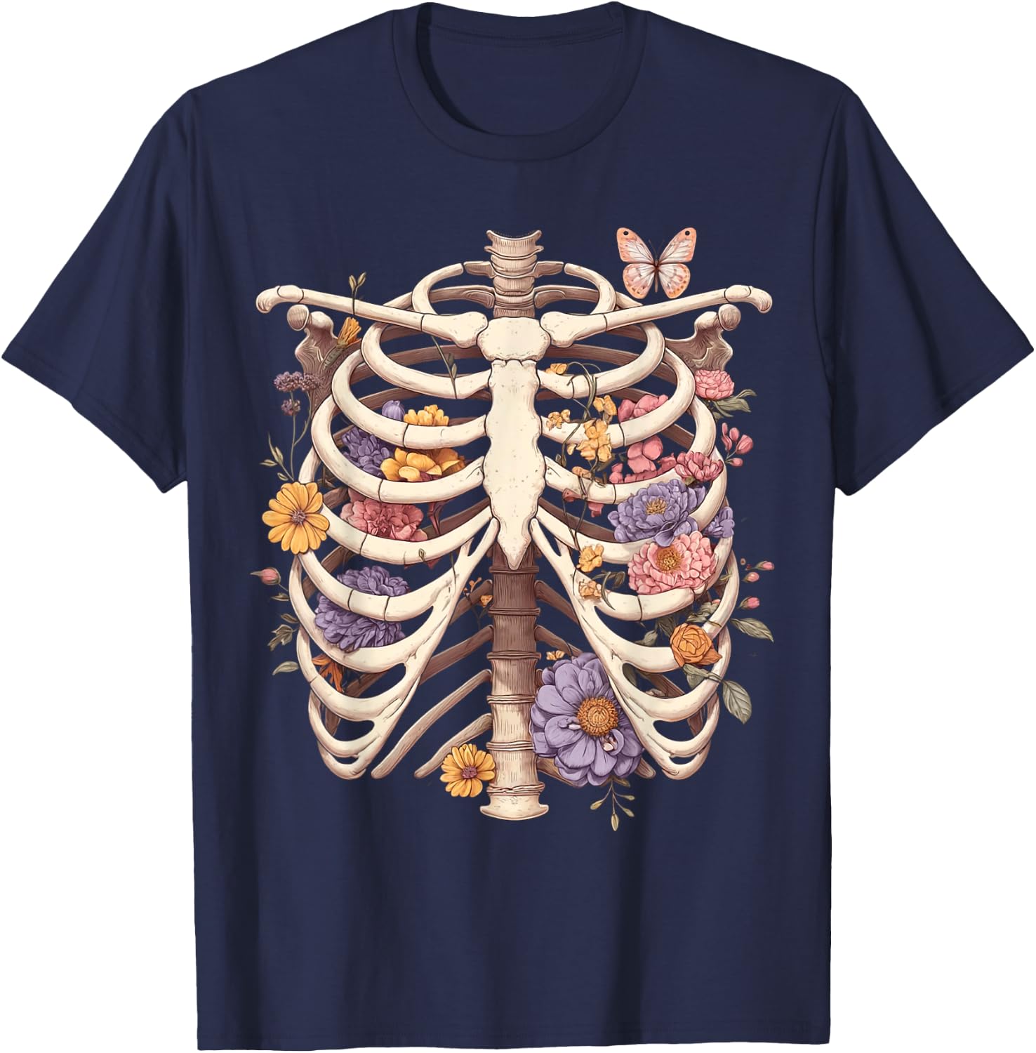 Goth Heart Ribcage with Butterflies and Flowers Skeleton T-Shirt - T-Shirt | Navy