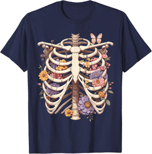 Goth Heart Ribcage with Butterflies and Flowers Skeleton T-Shirt - T-Shirt | Navy