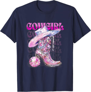 Pink Cowgirl Boots Disco Western Country Cow Girl Coastal T-Shirt - T-Shirt | Navy