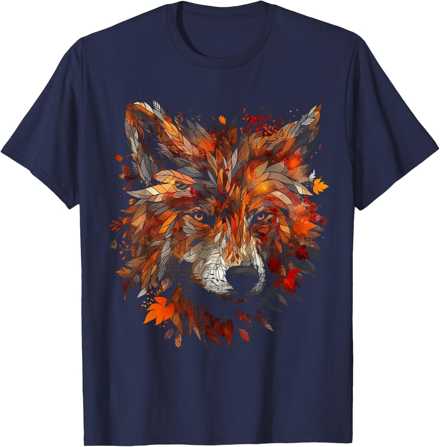Wolf Autumn Leaves - Animal Art Motif Wolf T-Shirt - T-Shirt | Navy