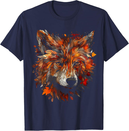 Wolf Autumn Leaves - Animal Art Motif Wolf T-Shirt - T-Shirt | Navy