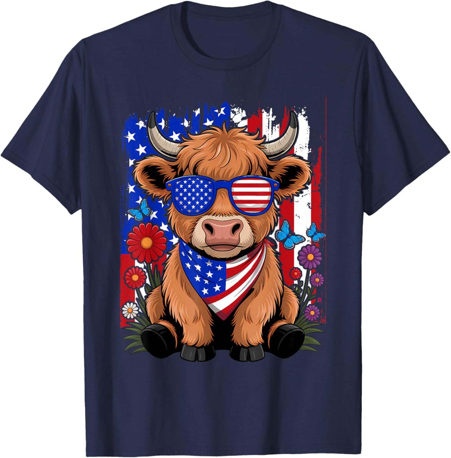 Cute Highland Cow Florals 4th of July USA Flag Patriotic Cow T-Shirt - T-Shirt | Navy