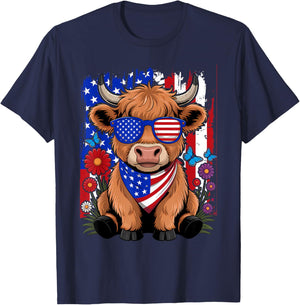 Cute Highland Cow Florals 4th of July USA Flag Patriotic Cow T-Shirt - T-Shirt | Navy