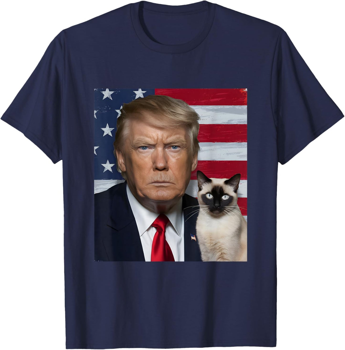 Funny Trump And Siamese Cat Political USA Flag Election 2024 T-Shirt - T-Shirt | Navy