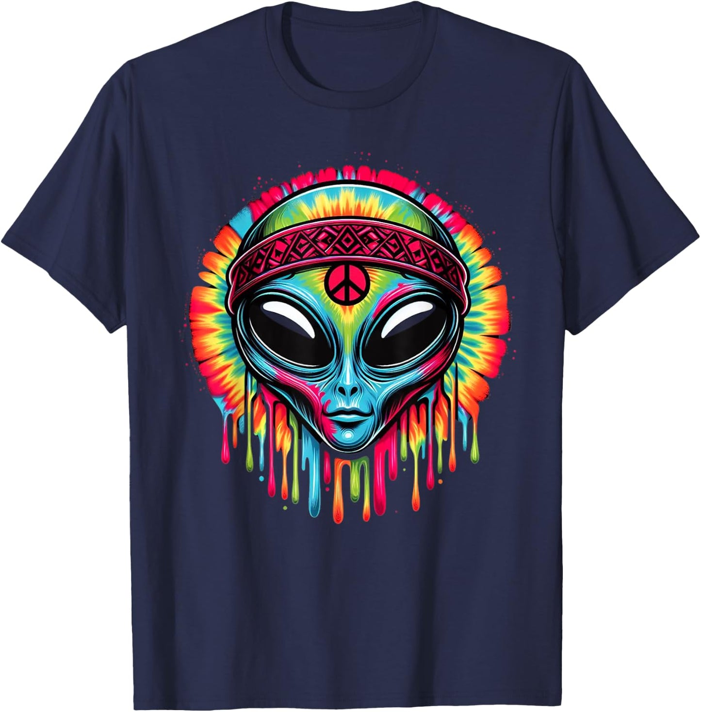 Tie-Dye Alien Peace Sign Funny Boho Hippie T-Shirt - T-Shirt | Navy