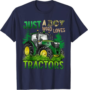 JUST A BOY WHO LOVES TRACTORS Green Farm Trucks Tractors T-Shirt - T-Shirt | Navy