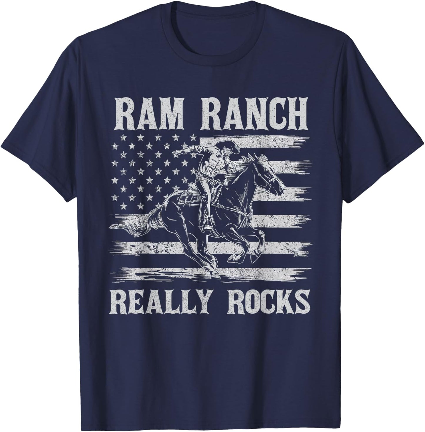 Ram Ranch Really Rocks Cowboy Horseback Vintage USA Flag T-Shirt - T-Shirt | Navy