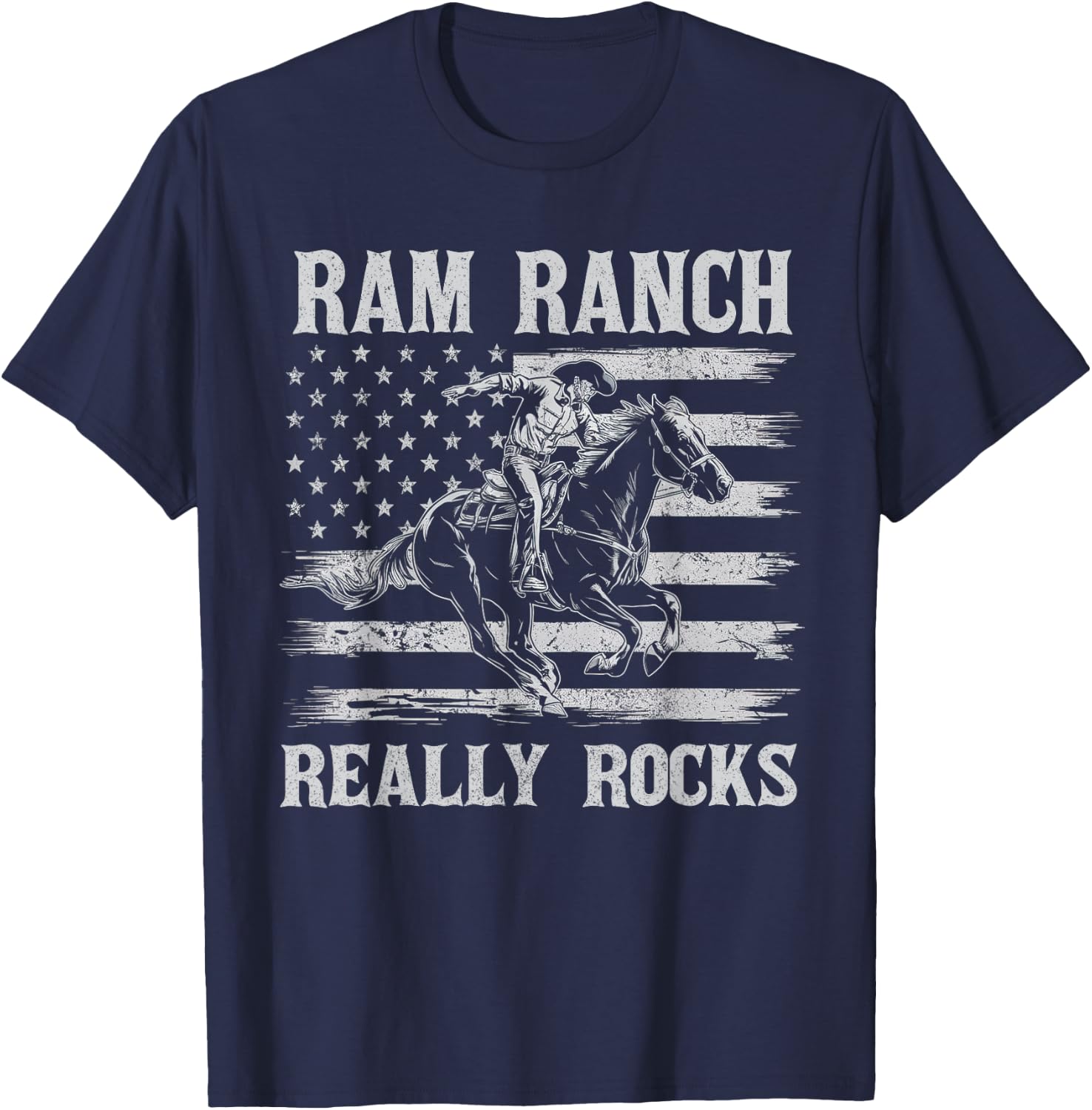 Ram Ranch Really Rocks Cowboy Horseback Vintage USA Flag T-Shirt - T-Shirt | Navy