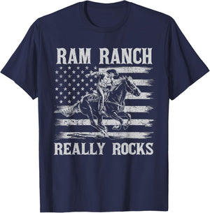 Ram Ranch Really Rocks Cowboy Horseback Vintage USA Flag T-Shirt - T-Shirt | Navy