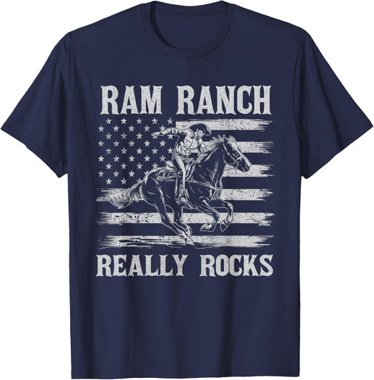 Ram Ranch Really Rocks Cowboy Horseback Vintage USA Flag T-Shirt - T-Shirt | Navy