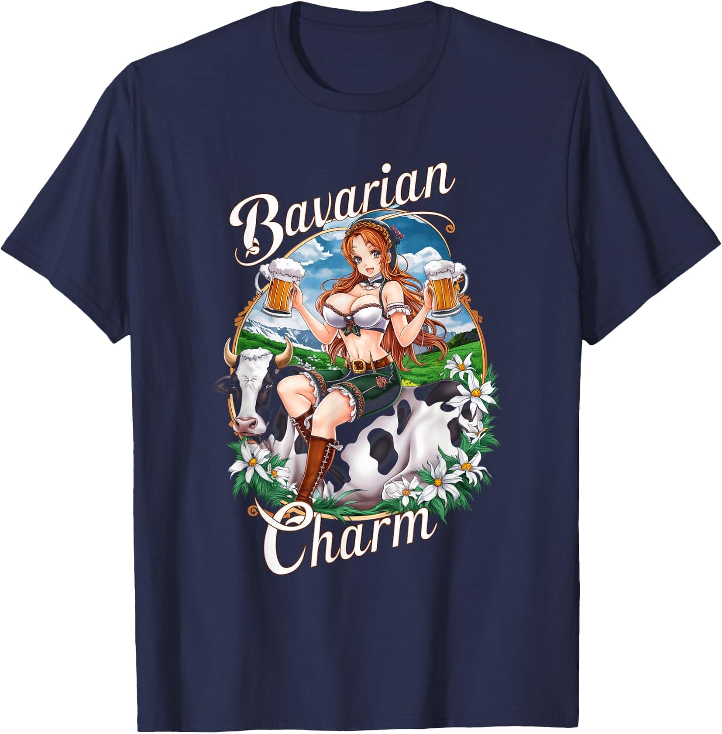Bavarian Anime Girl with Beer Mugs German Manga T-Shirt - T-Shirt | Navy
