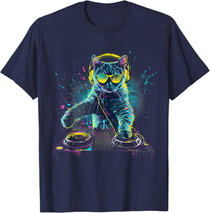 DJ Cat Splash House Music Beatmaker EDM Turntable DJ Cat T-Shirt - T-Shirt | Navy