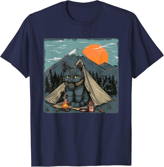 Awesome Nature Camping Cat with nice Mountains and Sunset T-Shirt - T-Shirt | Navy