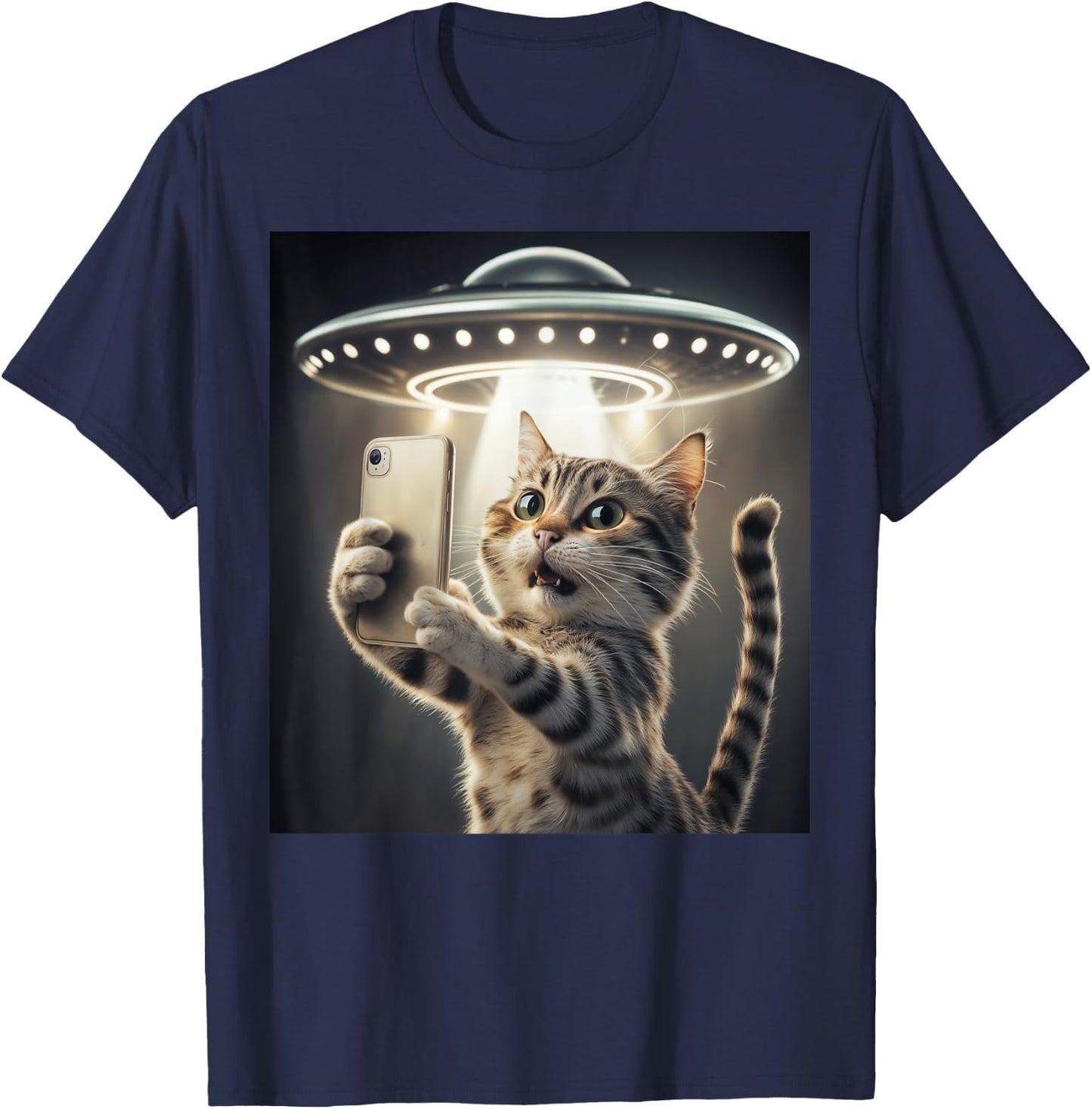 Cat Taking A Selfie With A UFO Cute And Funny T-Shirt - T-Shirt | Navy