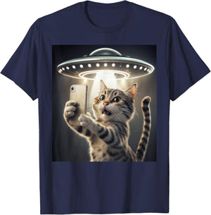 Cat Taking A Selfie With A UFO Cute And Funny T-Shirt - T-Shirt | Navy