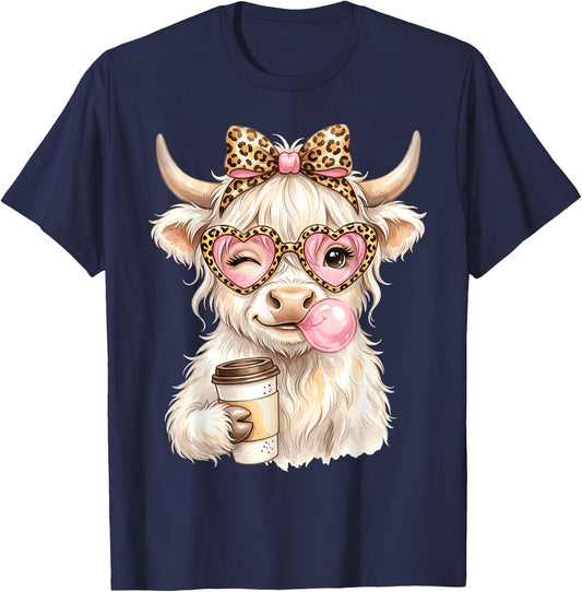 Scottish Highland Cow Blowing Bubblegum T-Shirt - T-Shirt | Navy