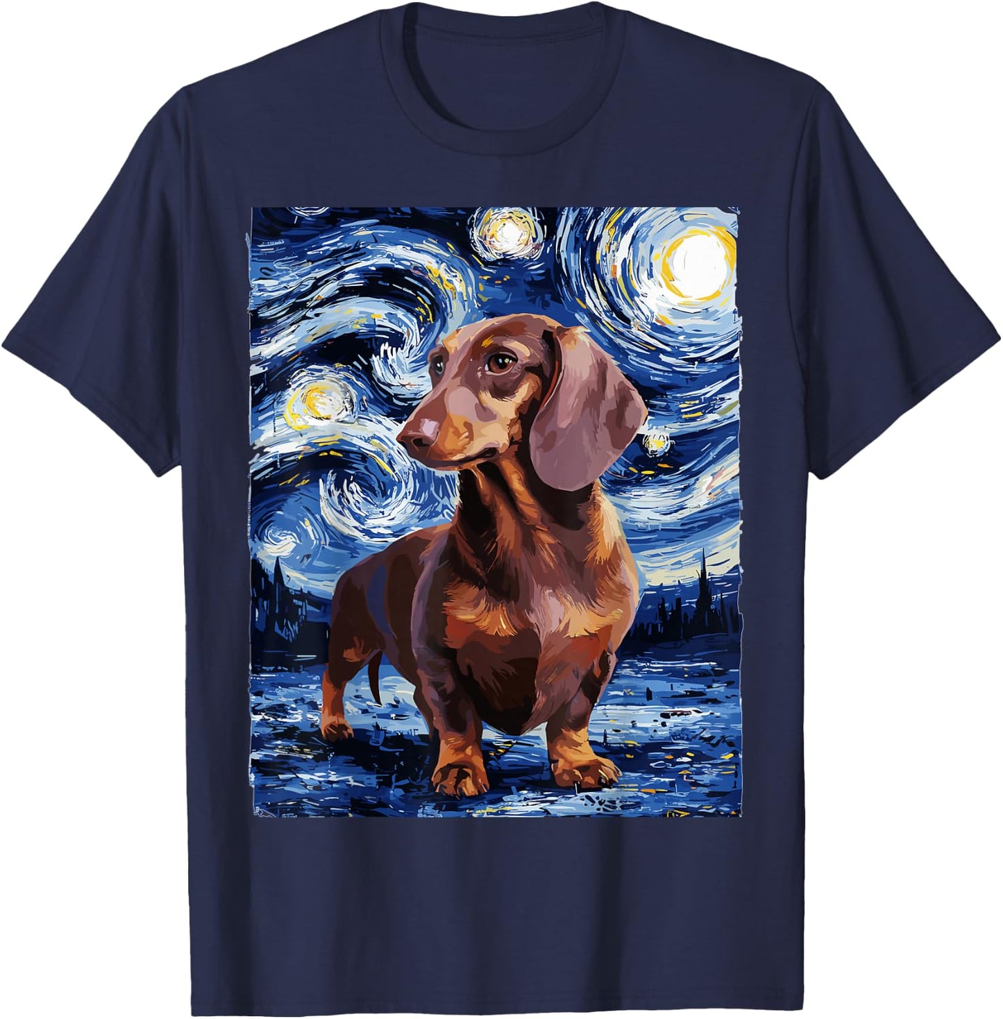 Gifts For Dachshund Dog Lovers Van Gogh Style Starry Night Men Women Girls Kids T-Shirt - T-Shirt | Navy