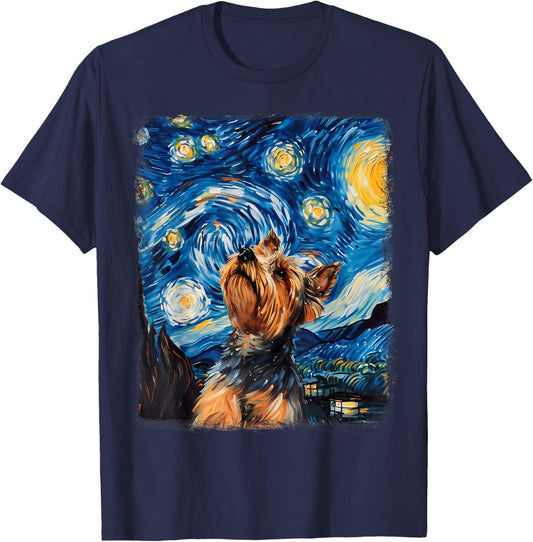 Yorkshire Terrier Dog Yorkie Starry Night Painting T-Shirt - T-Shirt | Navy