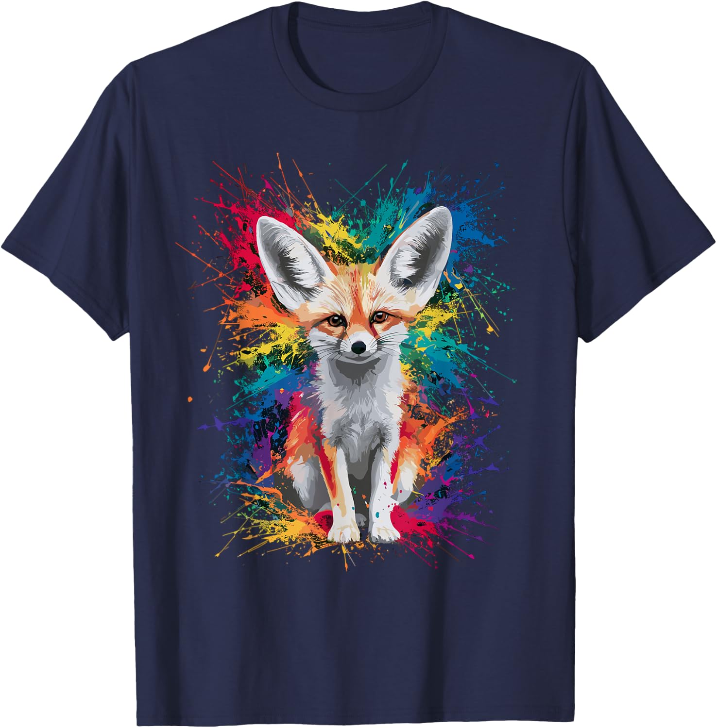 Colorful Paint Splash Cute Fennec Fox Art Graphic T-Shirt - T-Shirt | Navy