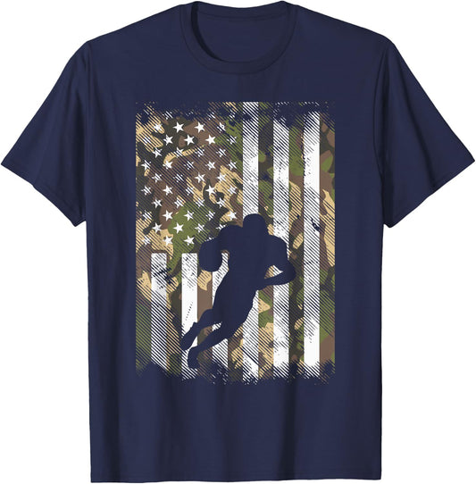 Camo US Flag American Football Player Vintage Patriotic T-Shirt - T-Shirt | Navy