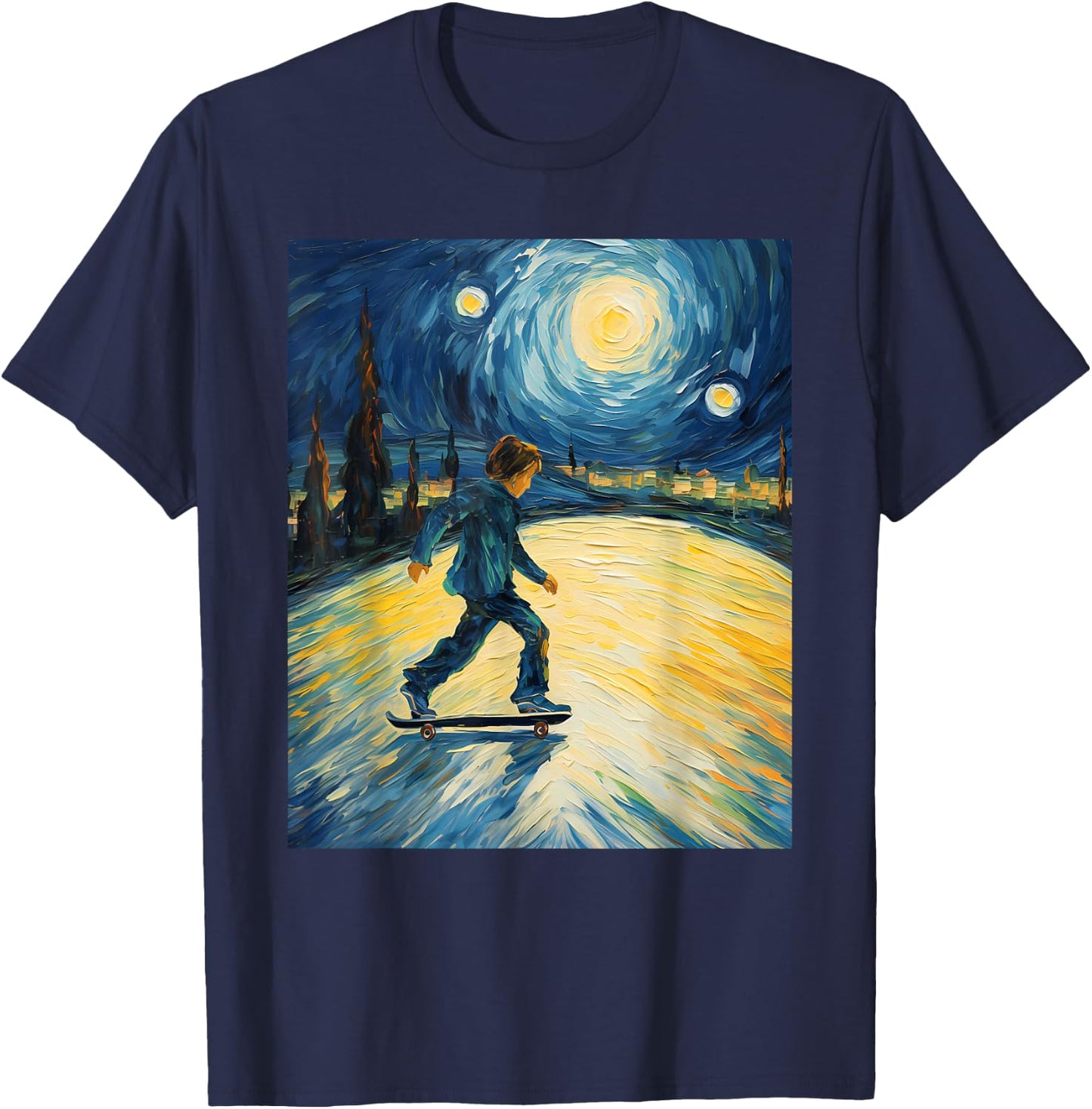 Aesthetic Surrealism Starry Night Boy Skateboarding T-Shirt - T-Shirt | Navy