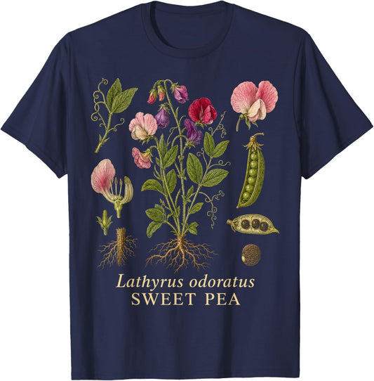 Sweet Pea Botanical Flower Vintage Garden Illustration T-Shirt - T-Shirt | Navy