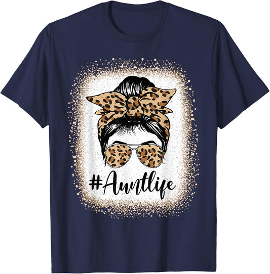 Aunt Life Bleached Leopard Messy Bun Auties Girl Mothers day T-Shirt - T-Shirt | Navy