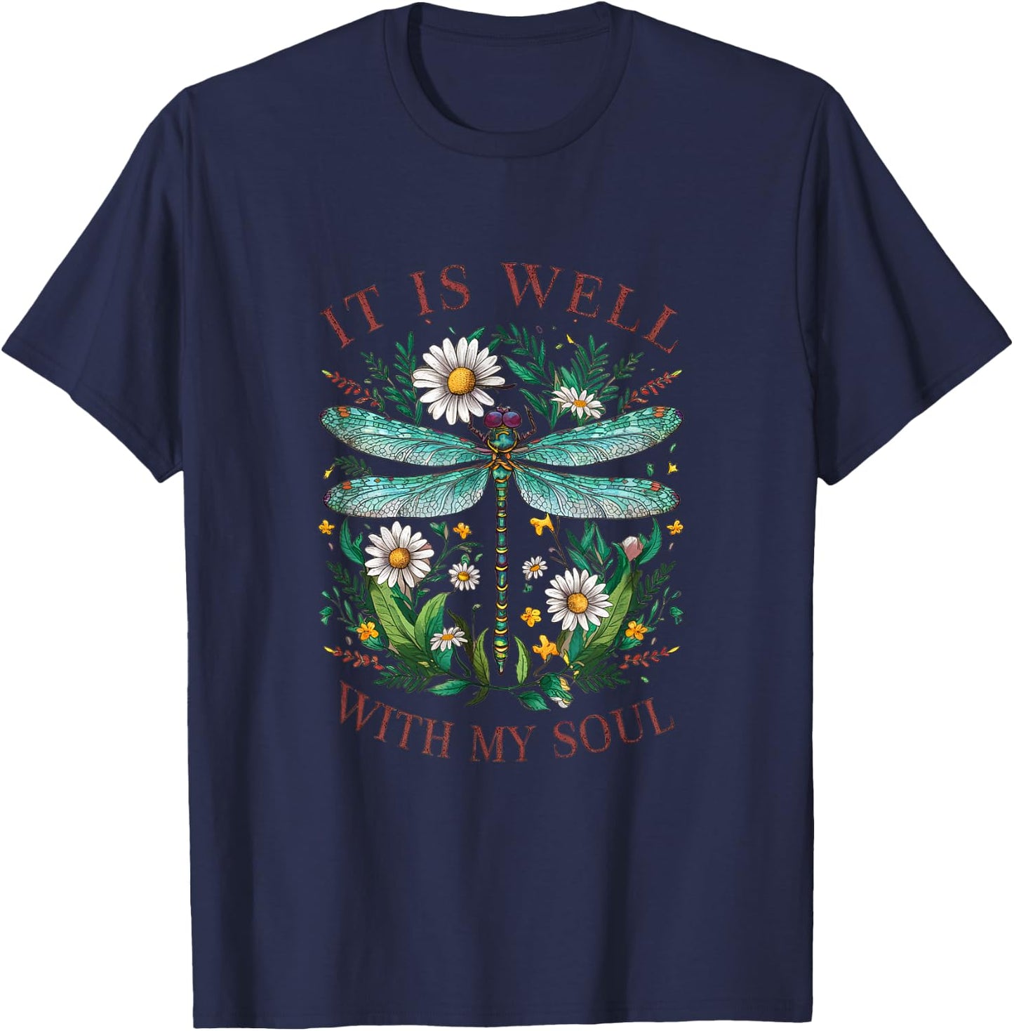 It Is Well With My Soul Dragonfly Floral T-Shirt - T-Shirt | Navy