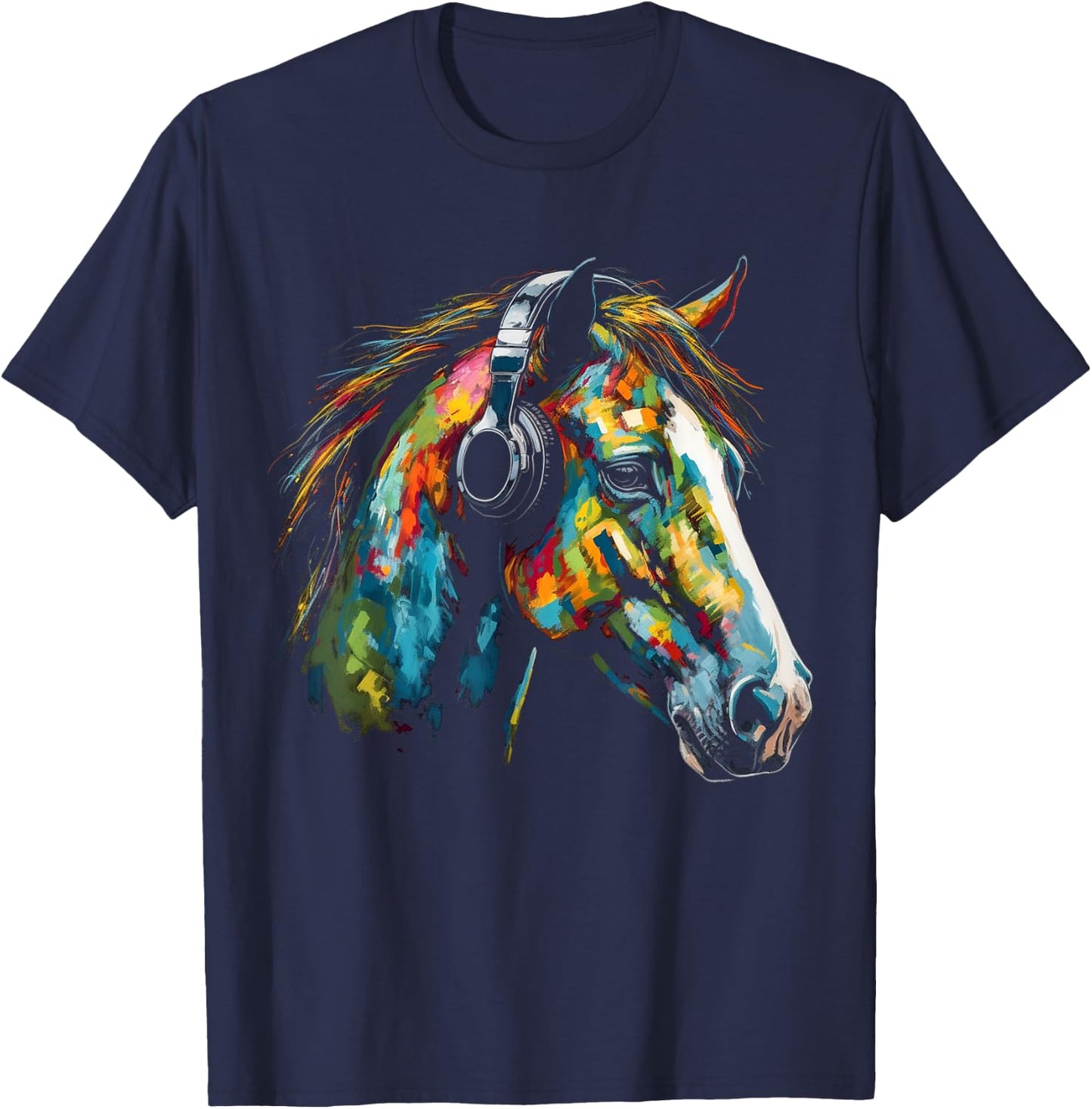 Horse Artwork Colourful Music Animal Headphones Horse T-Shirt - T-Shirt | Navy