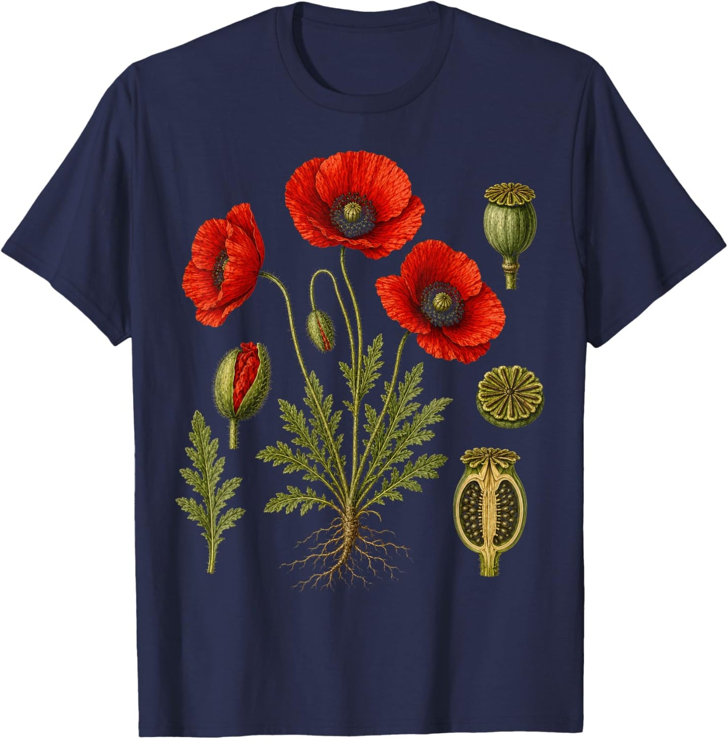 Red Poppy Nature Diagram Vintage Style T-Shirt - T-Shirt | Navy