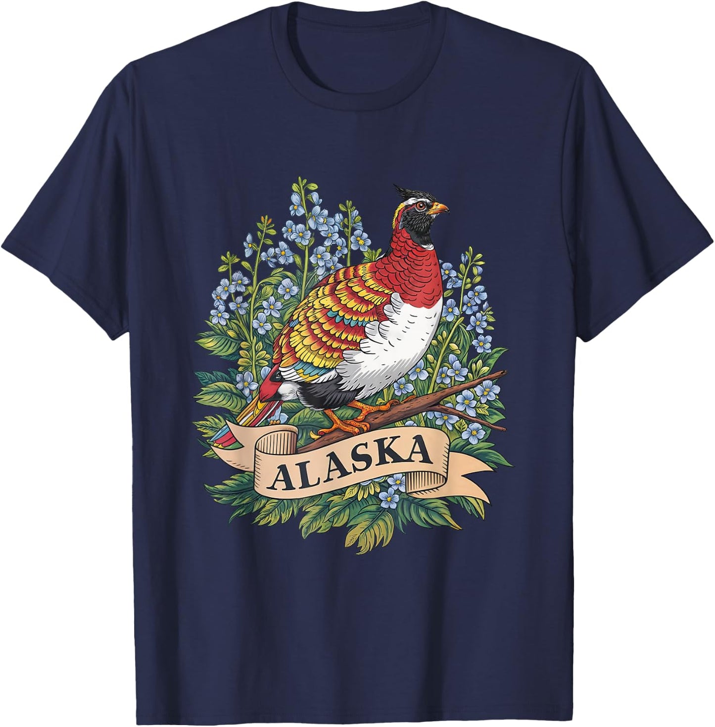 Alaska Willow Ptarmigan Bird and Forget-Me-Not Flower T-Shirt - T-Shirt | Navy