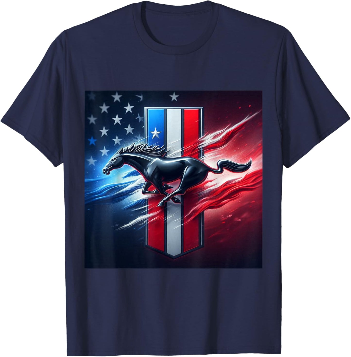 Galloping Mustang on Tri-Bar & Flag Background T-Shirt - T-Shirt | Navy