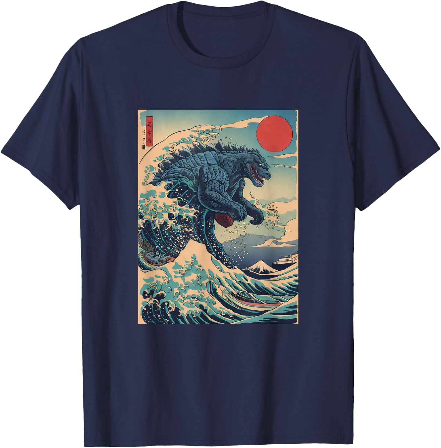 Kaiju Monster Japanese Style Art Great Wave Off Kanagawa T-Shirt - T-Shirt | Navy